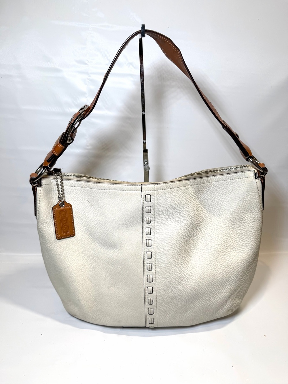 Coach Large White SoHo Leather Woven Shoulder Bag with Brown Strap
